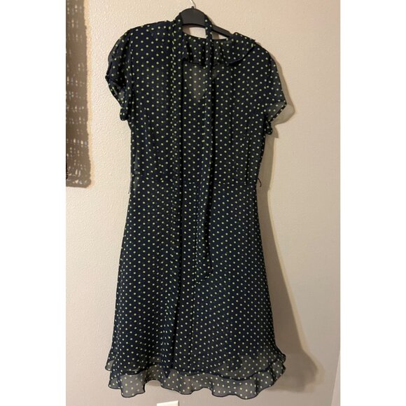 MSK Dress Navy Blue Green 16 Polka Dot Flowy Midi W Belt Washable Sheer Fairy - Picture 5 of 7